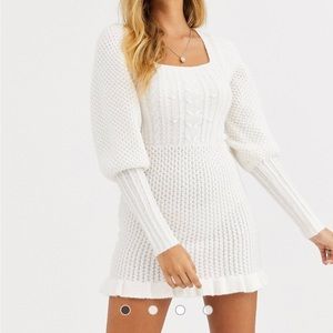 ASOS DESIGN cable knit mini dress with volume sleeve.